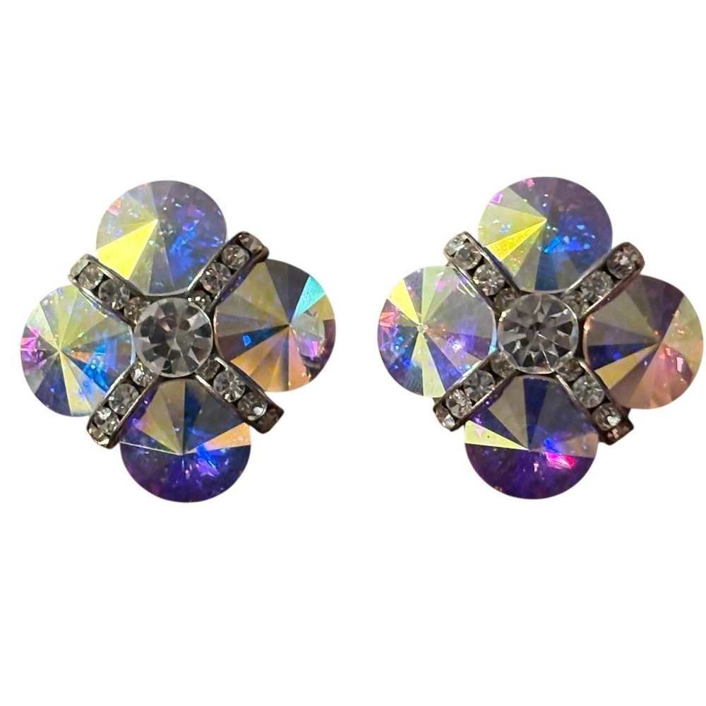 AB Rhinestone Rivoli Earrings Clip On Vintage Statement Large Cross Sparkly READ
